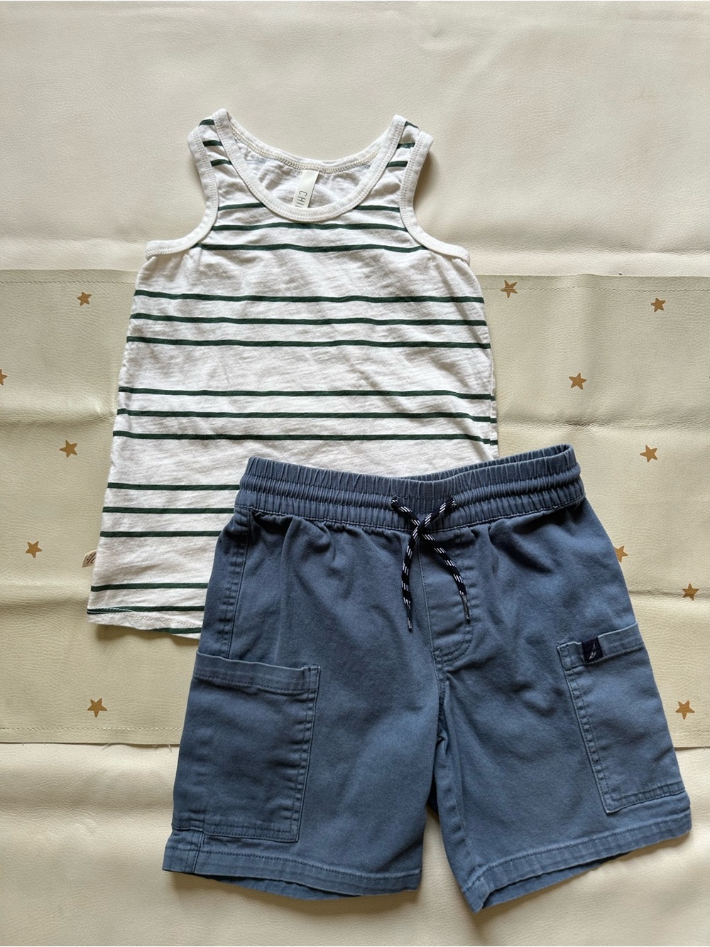 8 Childhoods Striped White & Green Cotton Tank Top with Blue Cotton Cargo Shorts